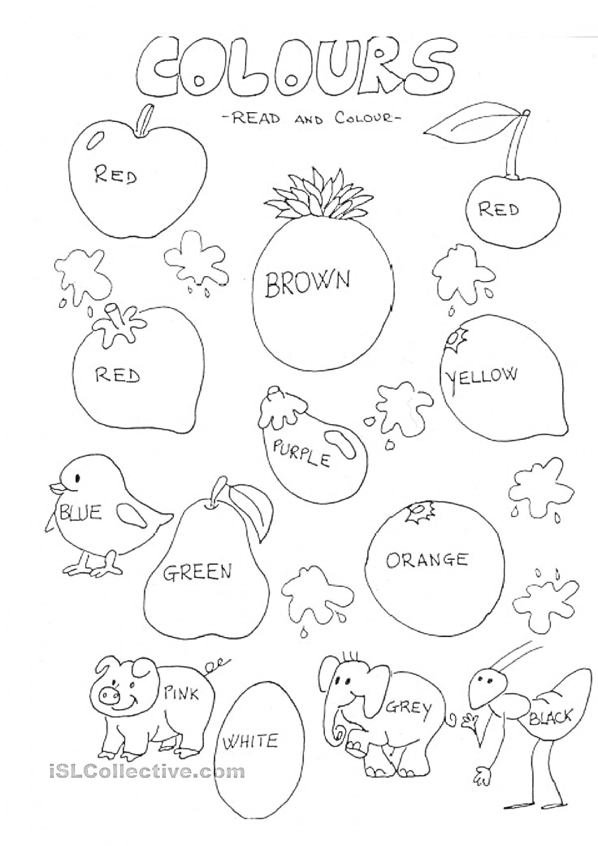 Раскраска Раскраска с изображением яблока, клубники, ананаса, груши, банана, цыпленка, арбуза, апельсина, медведя, слона и страуса с заданными цветами на английском языке