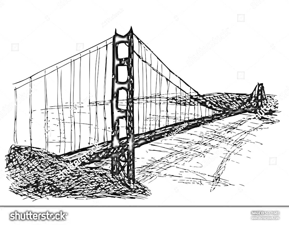 Раскраска Мост Золотые Ворота на фоне холмов и берега с водой