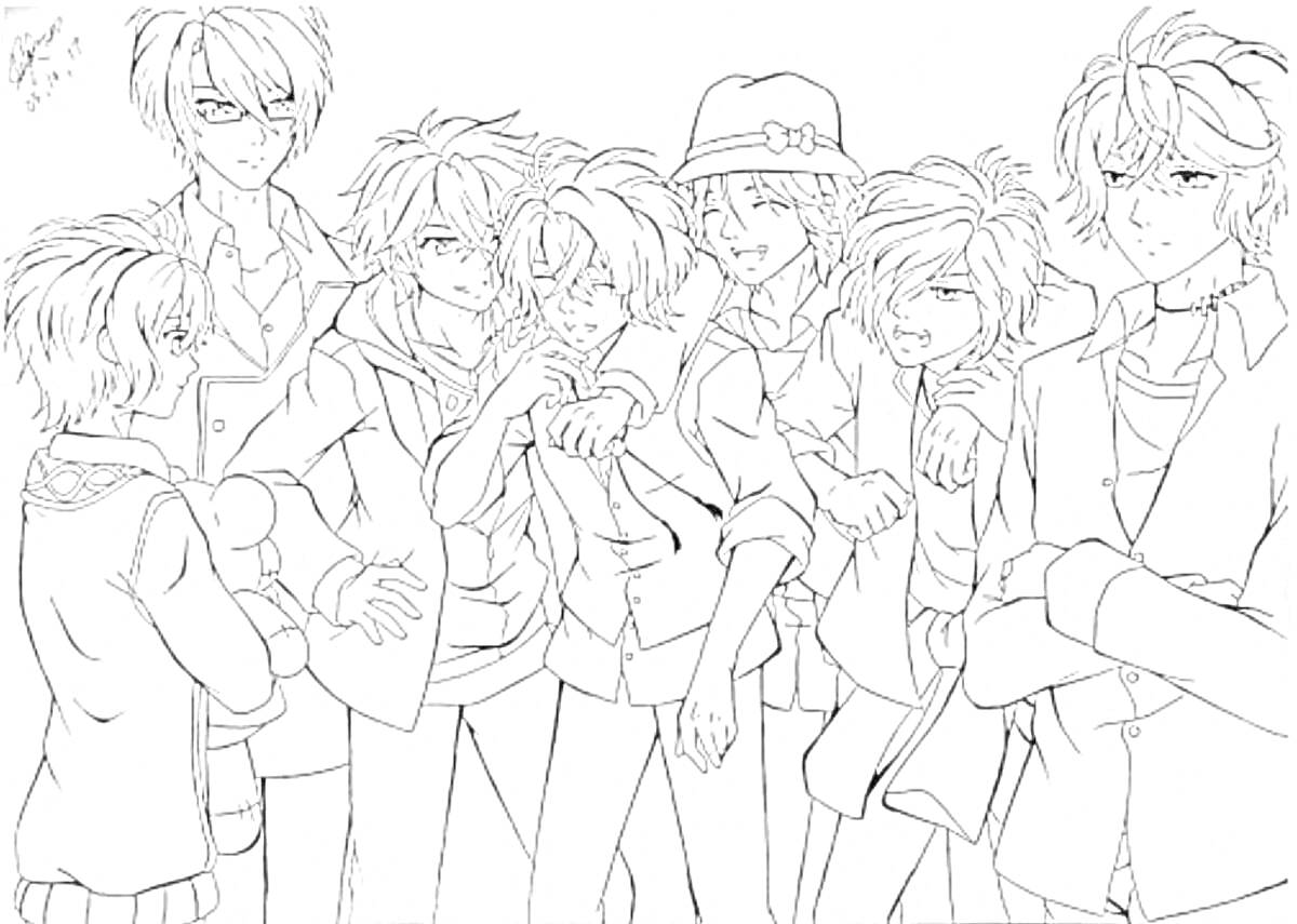 Раскраска Группа персонажей с прическами аниме, в школьных костюмах и одежде, с различными прическами, один с шляпой