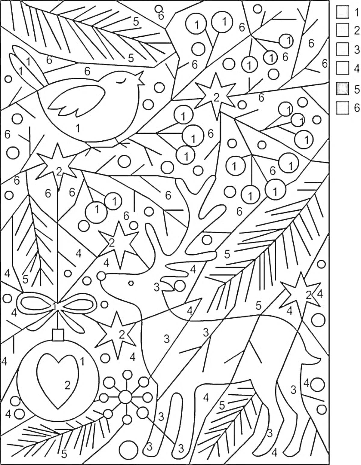 Раскраска Ёлочные ветки с украшениями, птицей и оленем
