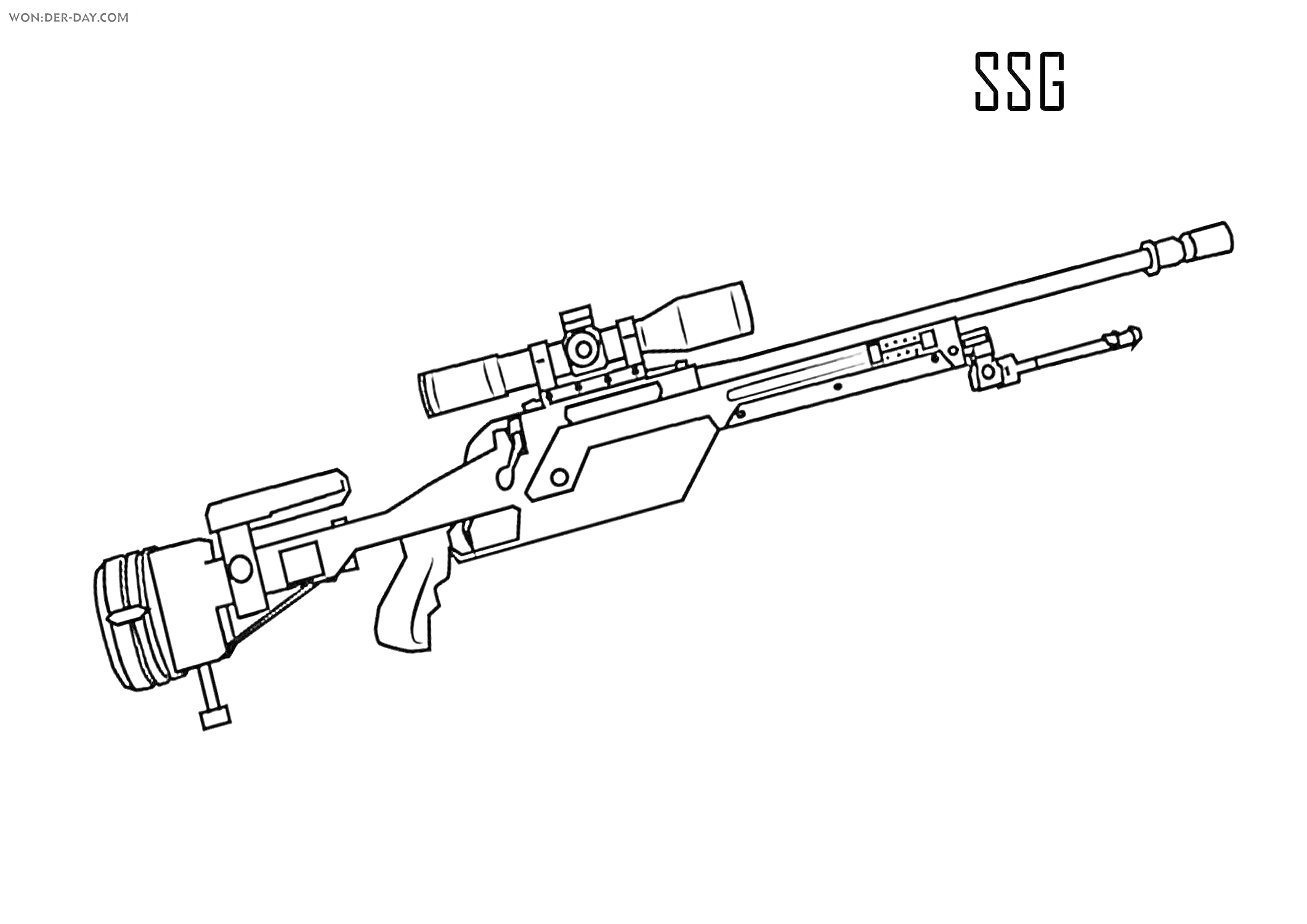 На раскраске изображено: Винтовка, Оружие, Снайперская винтовка, Оптический прицел
