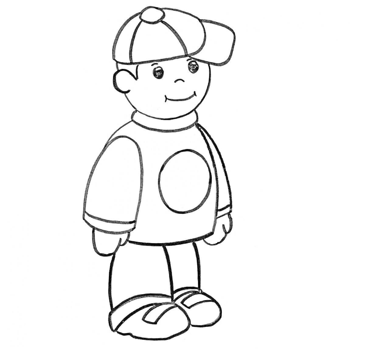 Раскраска Мальчик в свитере с круглым принтом и в кепке