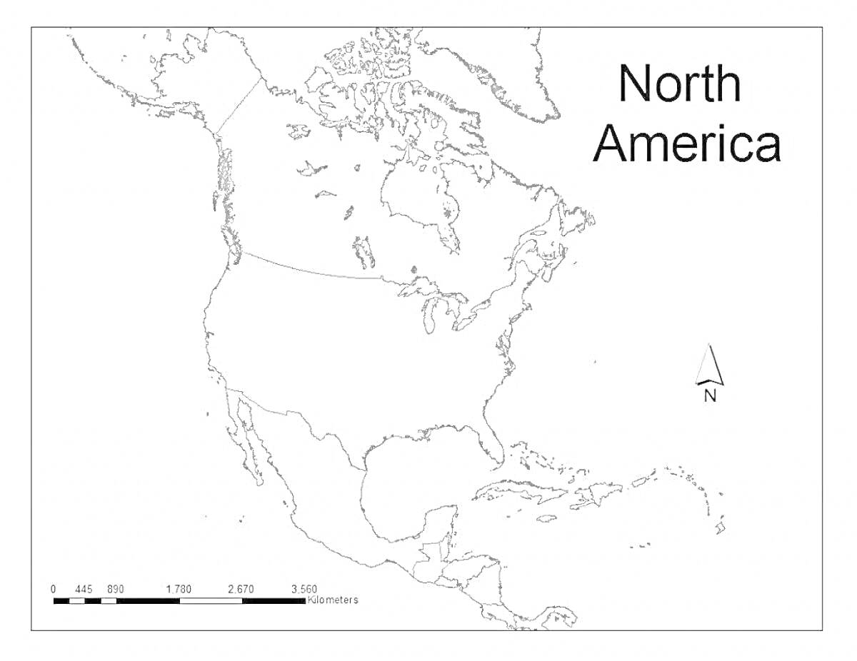 На раскраске изображено: Карта, Северная Америка, Компас, Границы, Без цвета, География