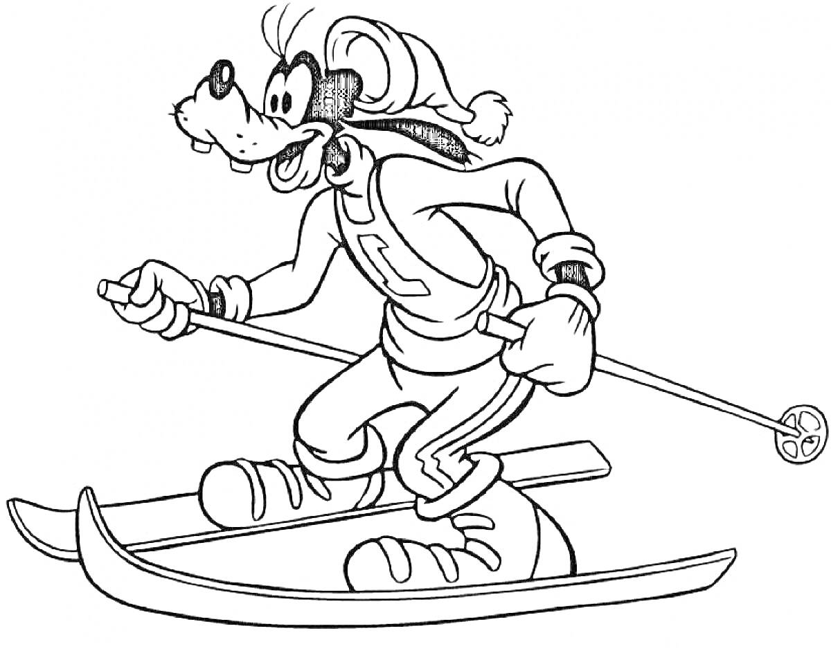 Забавный персонаж на лыжах с палками и зимней шапкой