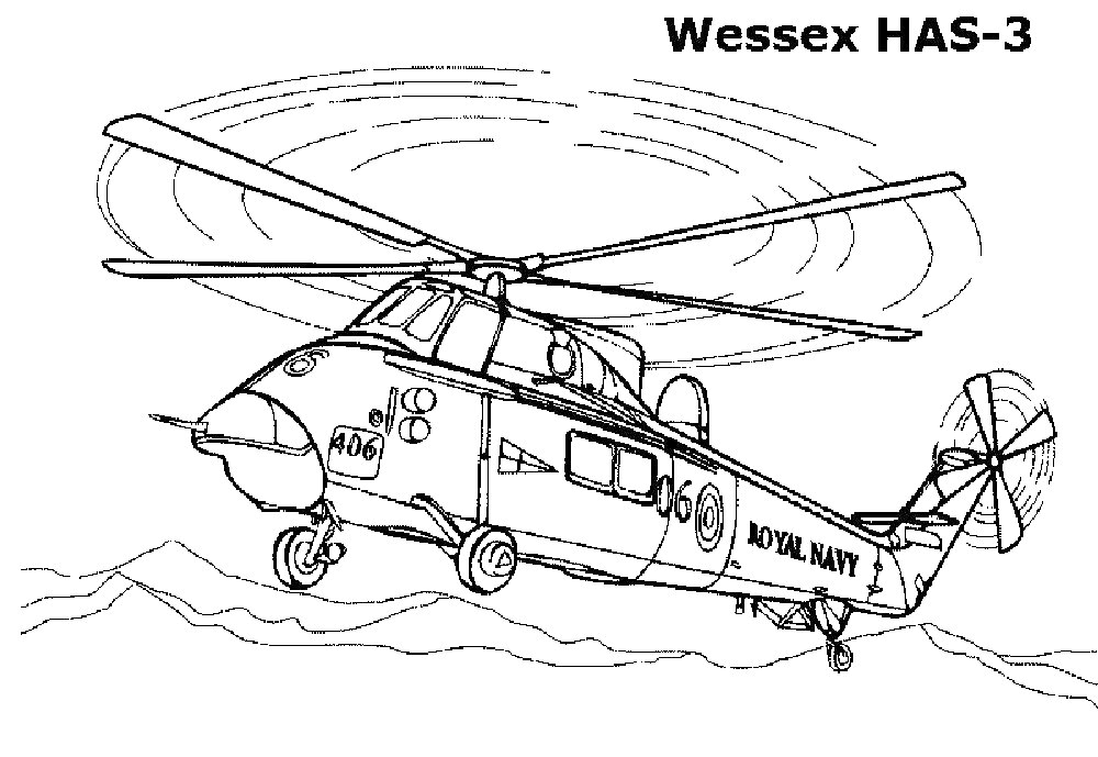 Вертолет Wessex HAS-3 в полете, с логотипом ВМФ, с вращающимися лопастями, на фоне горной местности