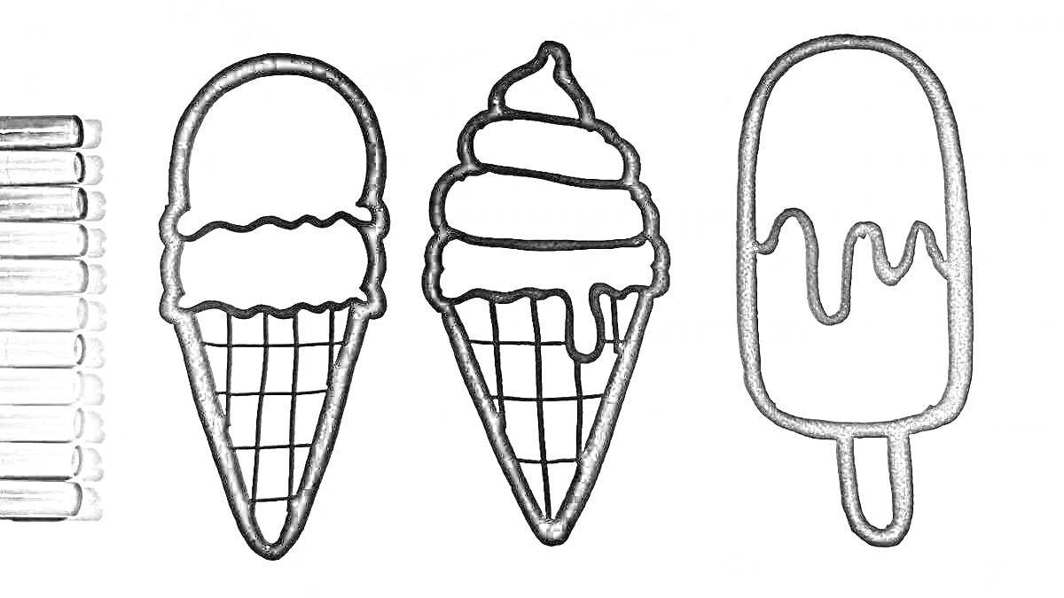 Раскраска Морозные сладости и маркеры (рожок с шариком мороженого, рожок с мороженым-суфле, эскимо, набор маркеров)