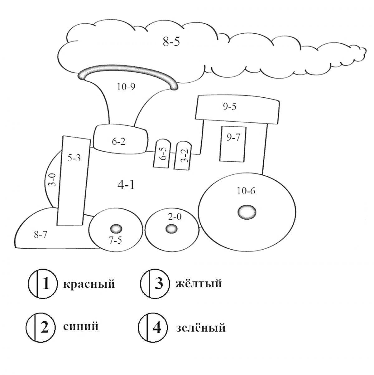 Раскраска Паровозик с примерами для счета до 10