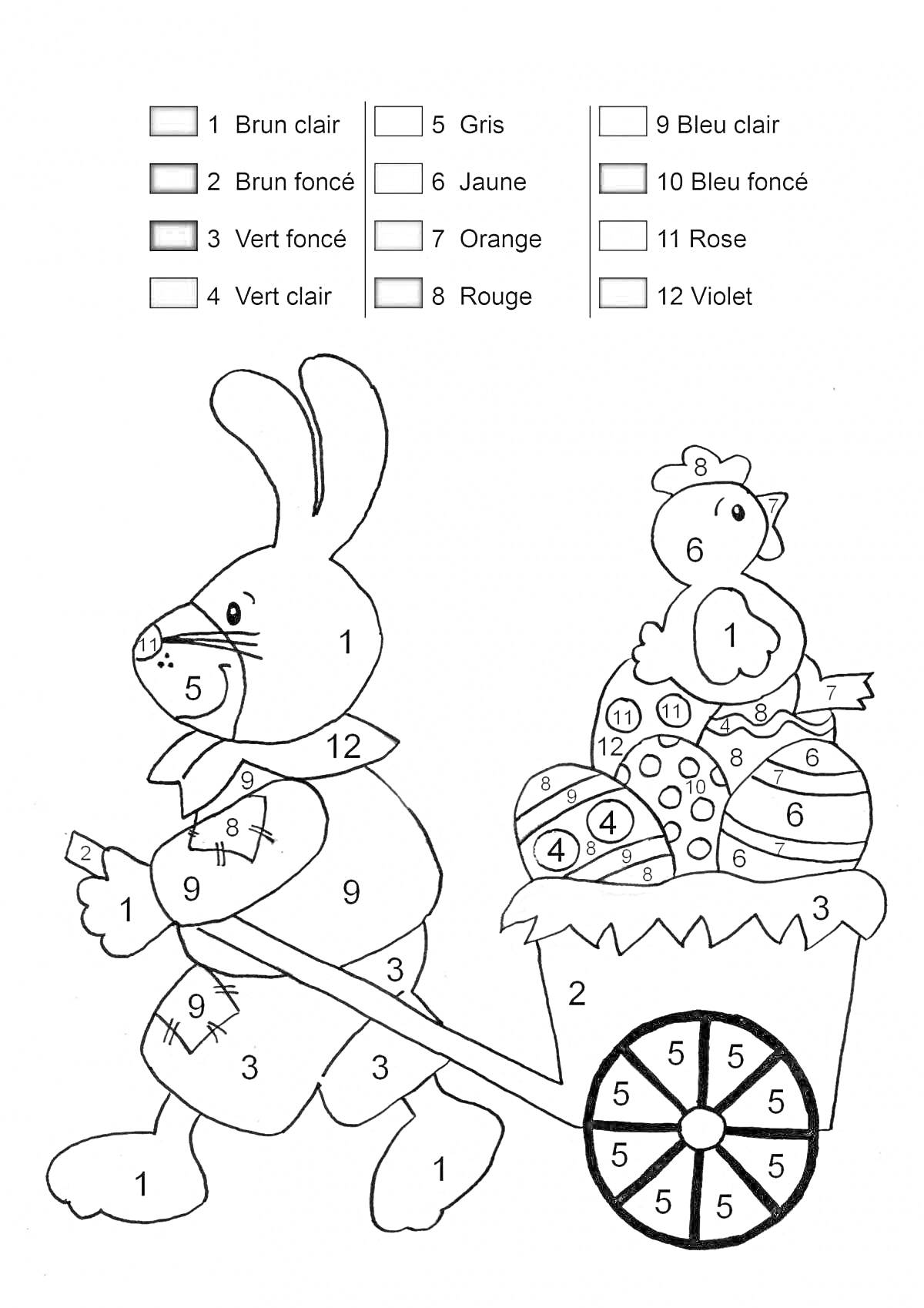 Раскраска Раскраска по номерам: кролик с тележкой и яйцами