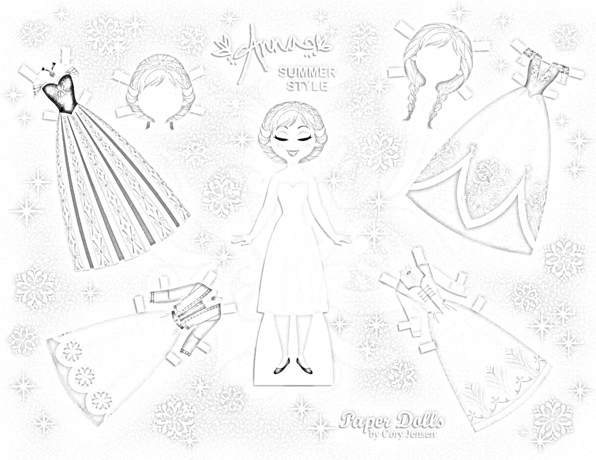 На раскраске изображено: Бумажная кукла, Эльза, Одежда, Прически