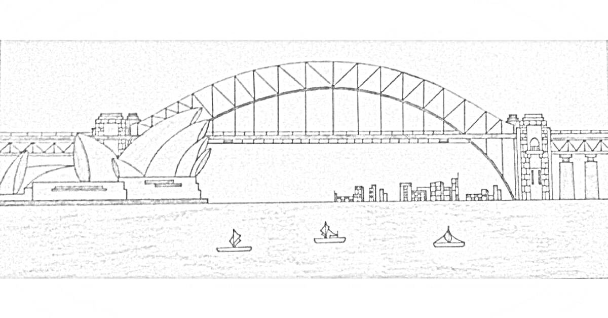 Раскраска мост с арочными пролётами, водная гладь, здания на фоне, три лодки на воде