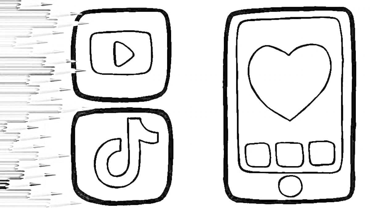 На раскраске изображено: YouTube, Логотипы, Смартфон, Кнопки, Сердца, Тик Ток