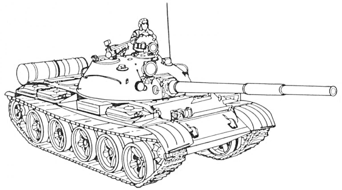 Раскраска Танк Т-34 с пушкой и бойцом на башне