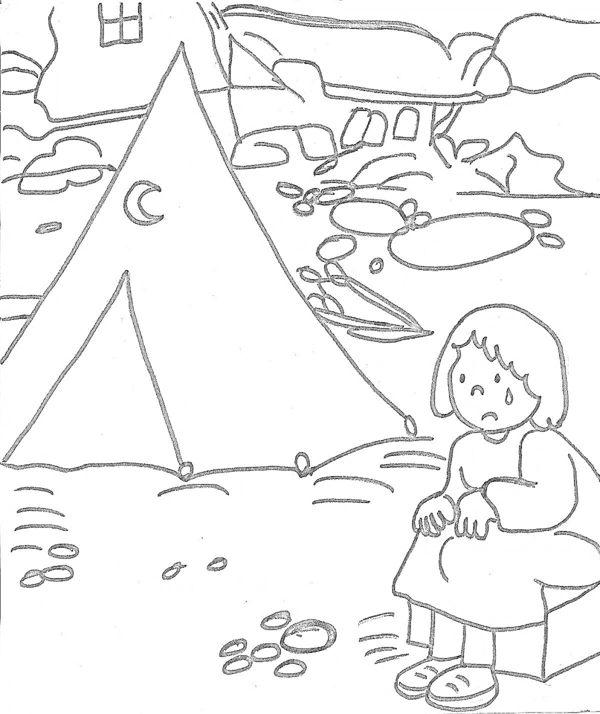Раскраска Палатка с луной, пострадавшая девочка, разрушенные дома и пейзаж наводнения