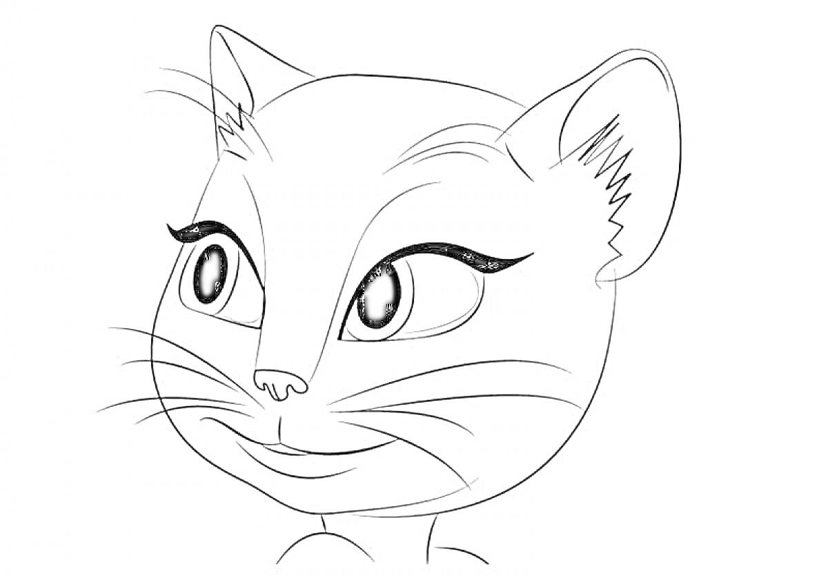 Раскраска Портрет кошки Анжелы, вид сбоку, кошачьи уши, глаза с ресницами, усы, рот.