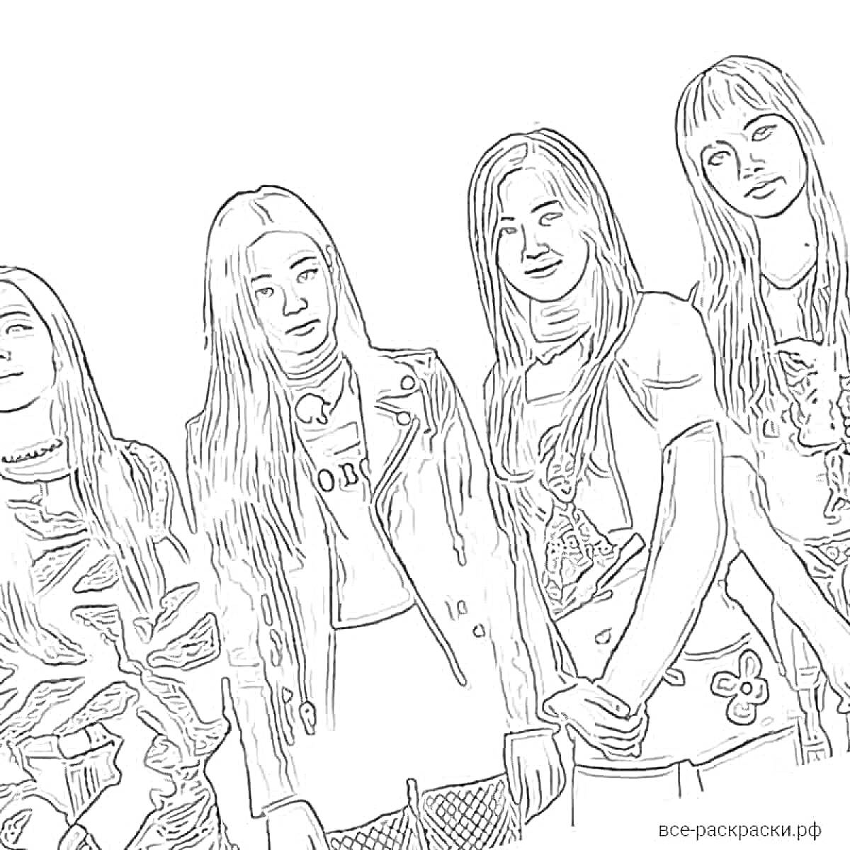 Раскраска Четыре девушки с длинными волосами в разных одеждах