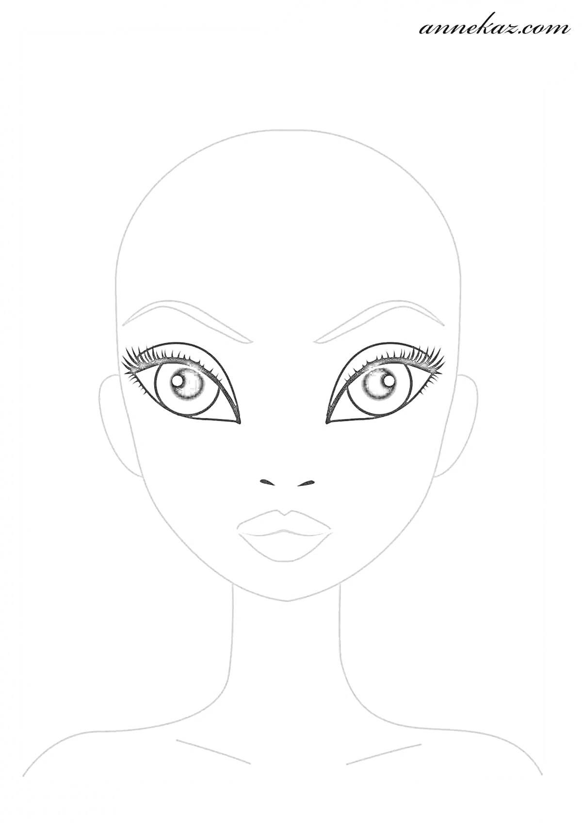 Раскраска Лицо куклы без волос с большими глазами, бровями, ресницами, носом и губами