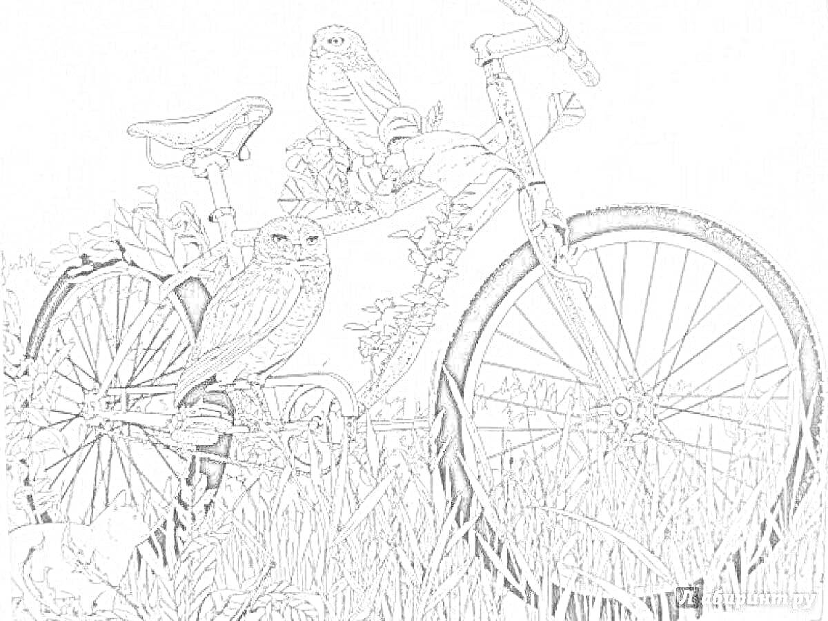 На раскраске изображено: Велосипед, Трава, Цветы, Природа, Окружающая среда, Птица, Растения, Сова, Путешествия