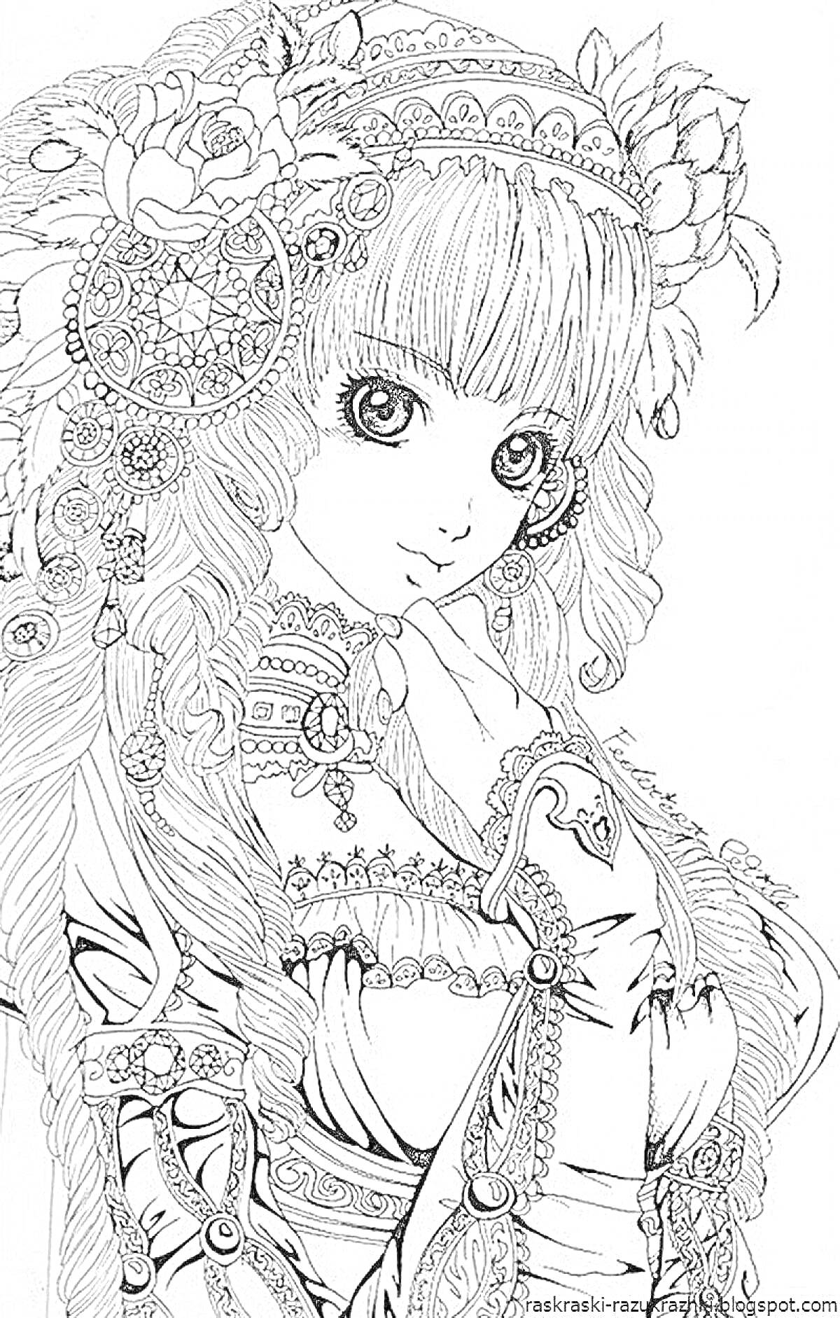 Раскраска девушка с длинными волосами, в сложном головном уборе с узорами и цветами, в декорированной одежде с орнаментами