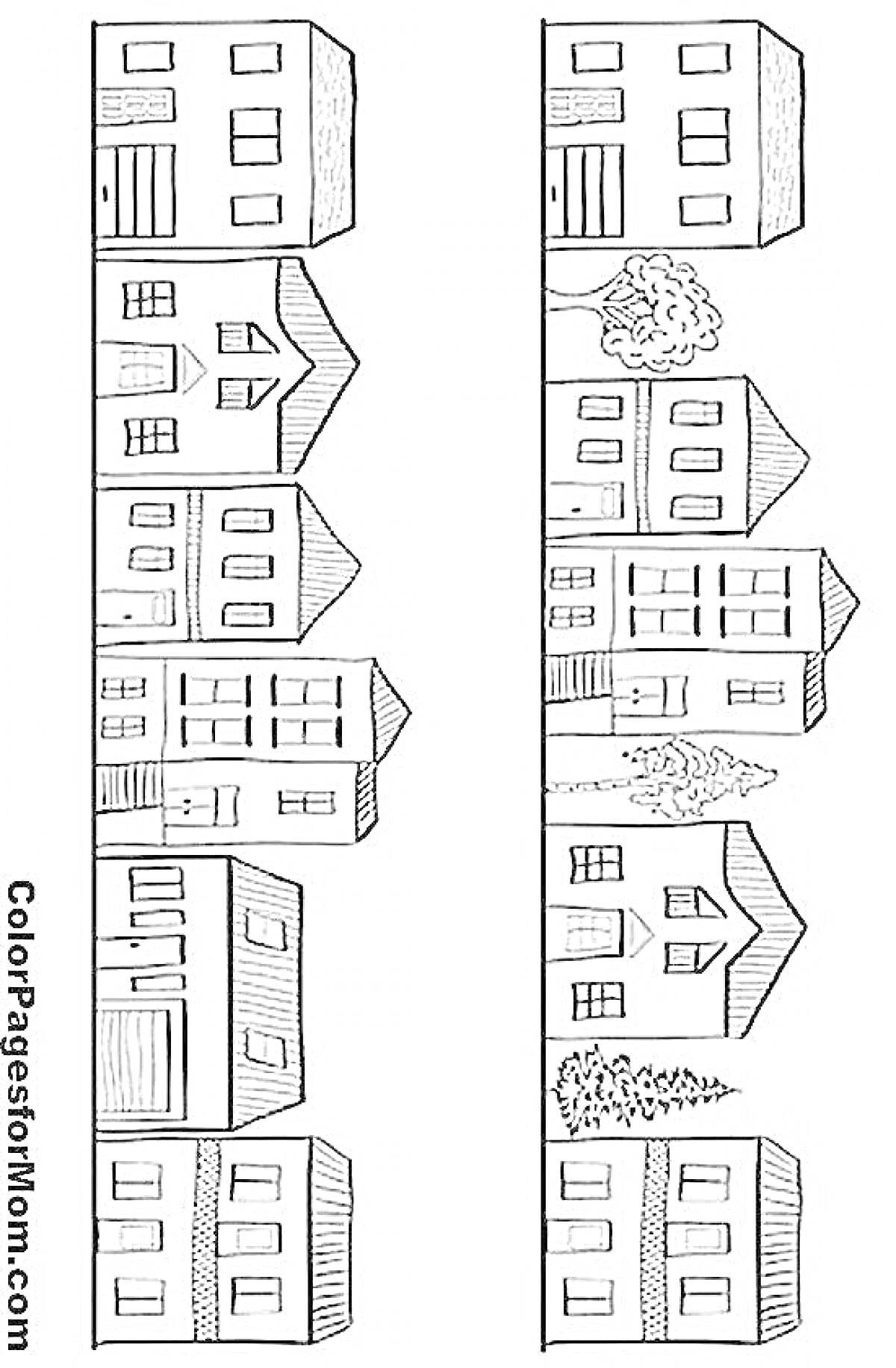 Раскраска Ряд многоэтажных домов с деревьями и кустами