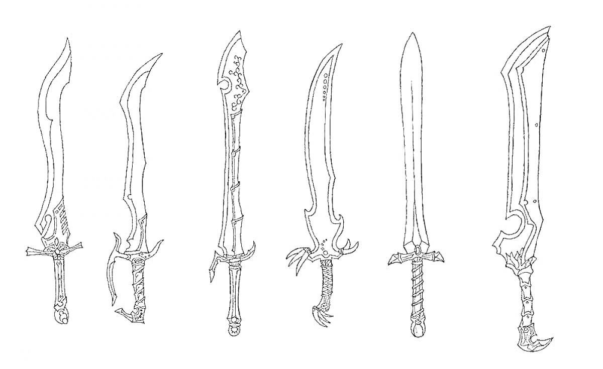 Раскраска Набор фантастических клинков с разными формами и узорами. Шесть мечей с разнообразными креплениями и рукоятками.