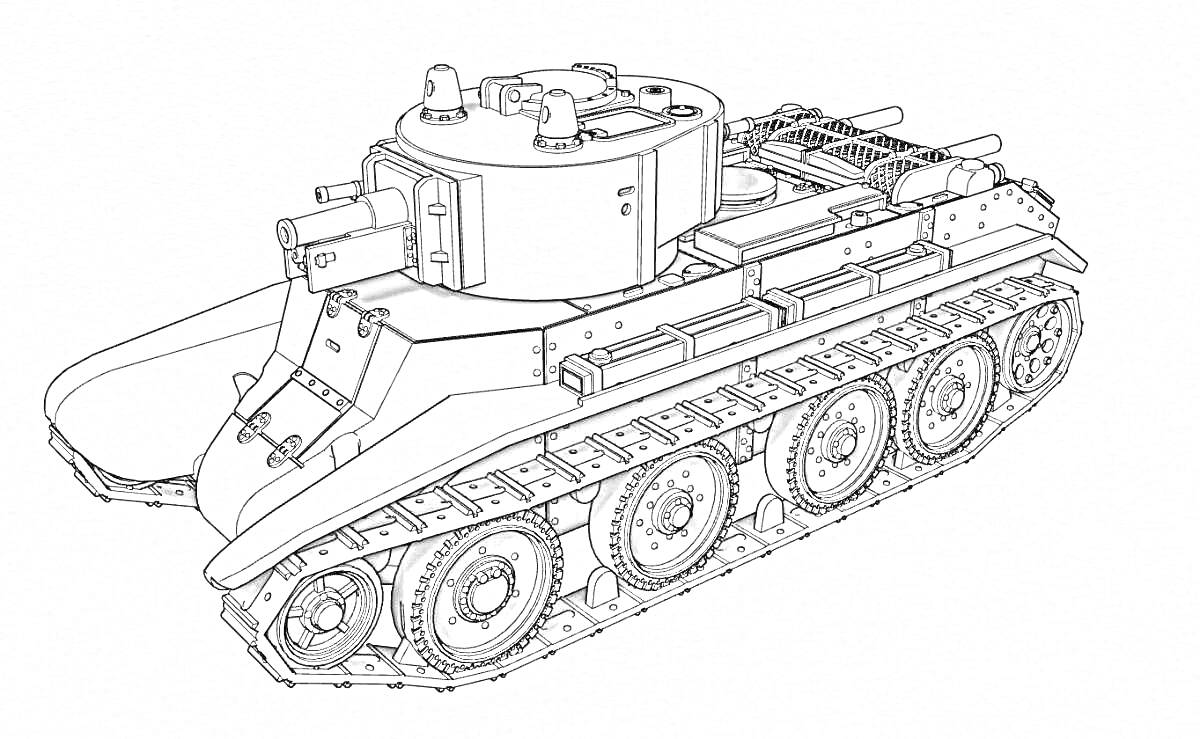 Раскраска Чертеж советского лёгкого колёсно-гусеничного танка БТ-7, вид сбоку с деталями корпуса, гусениц и башни