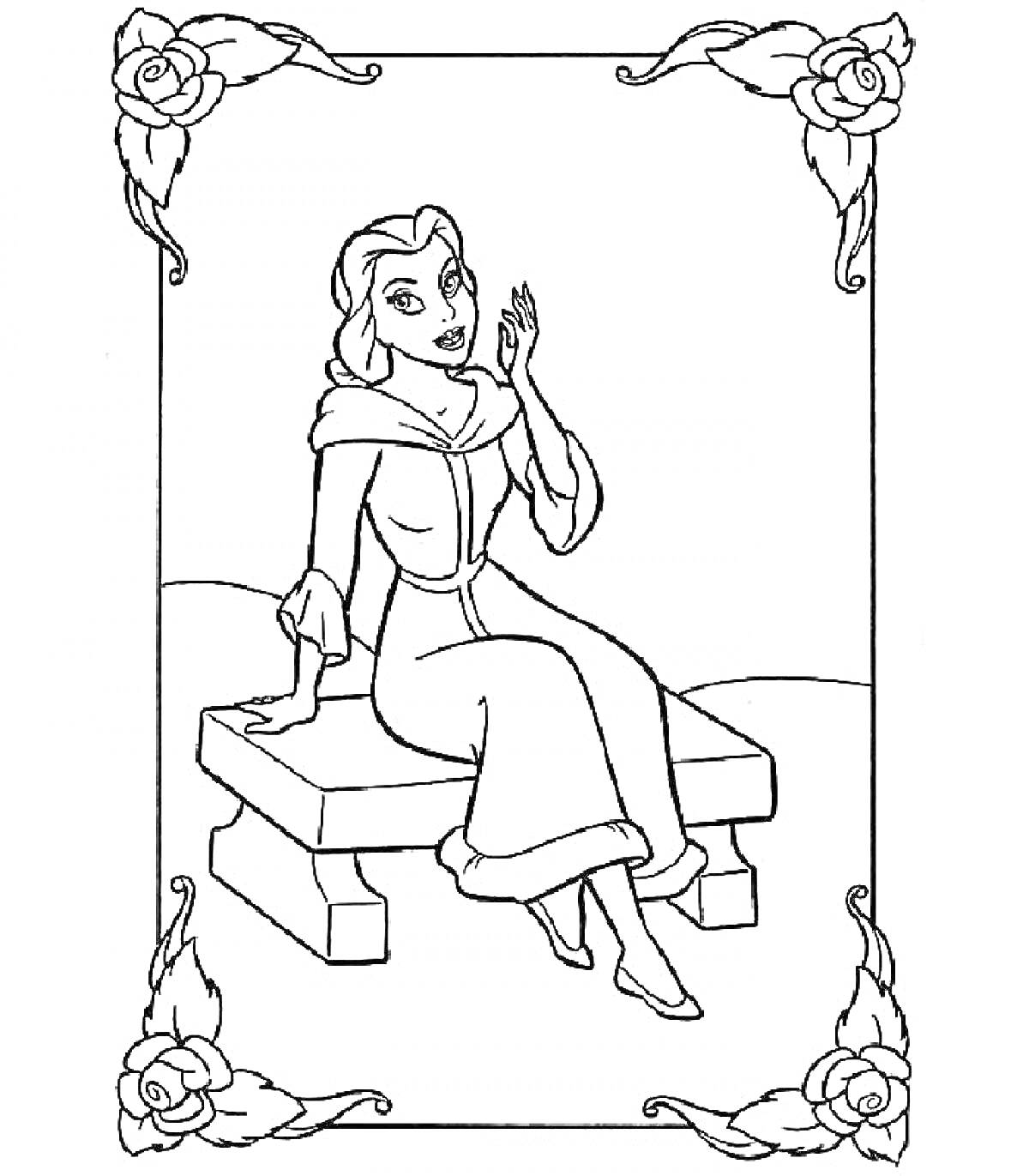 Принцесса Бель сидит на скамейке в цветочной рамке