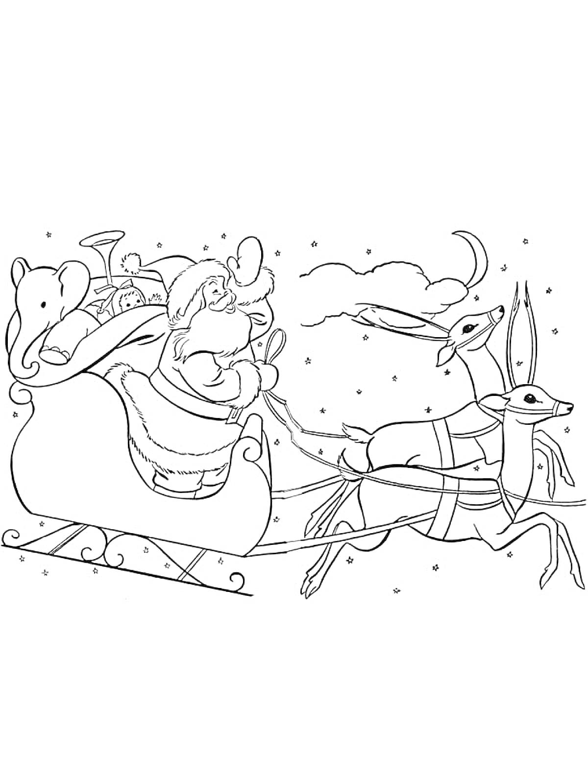 Раскраска Санта Клаус в санях с подарками, запряженных двумя оленями, летящими по ночному небу