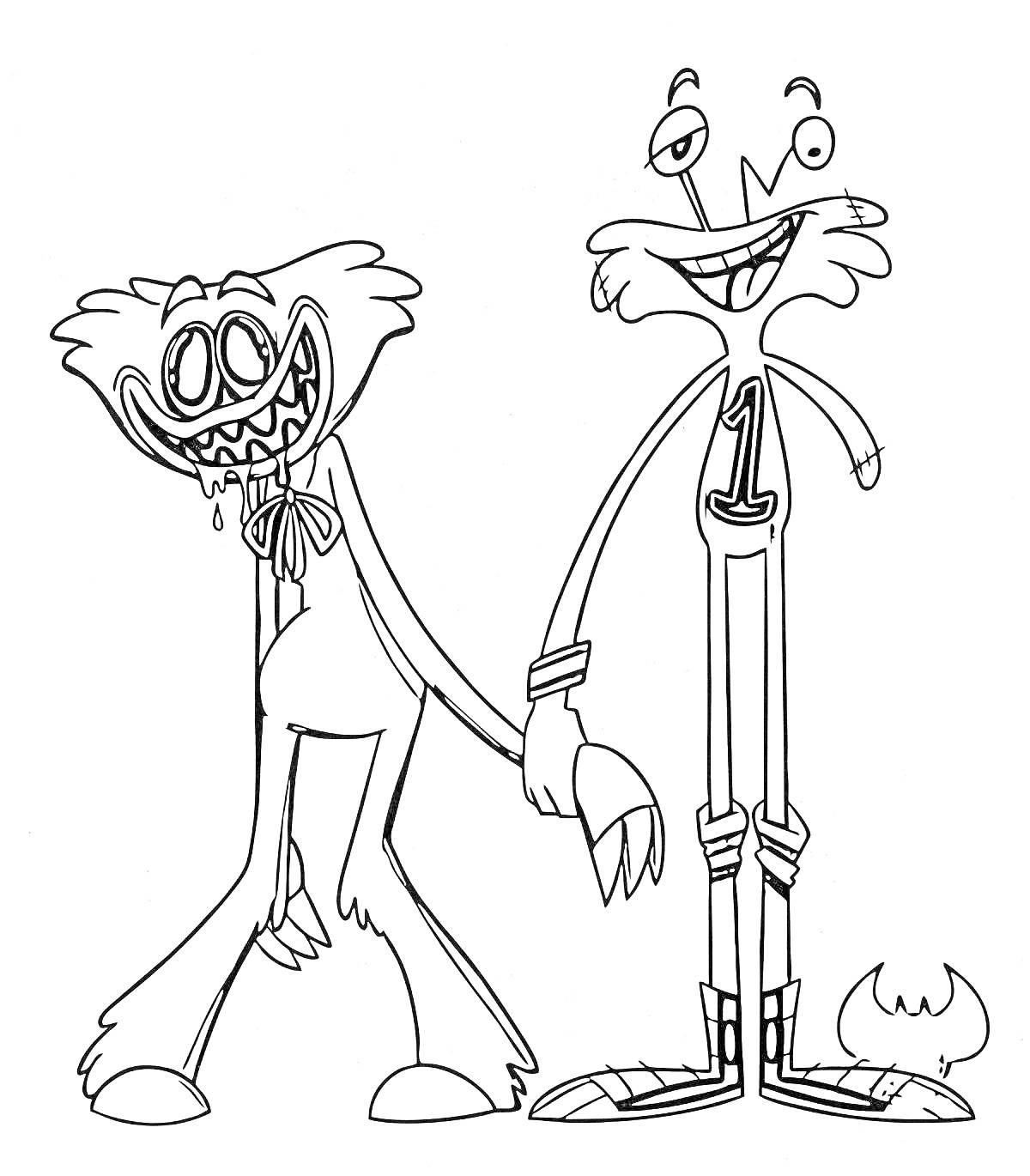 Раскраска Два персонажа с длинными ногами и руками, один с множеством зубов и бантом на шее, второй улыбающийся в кроссовках с номером 