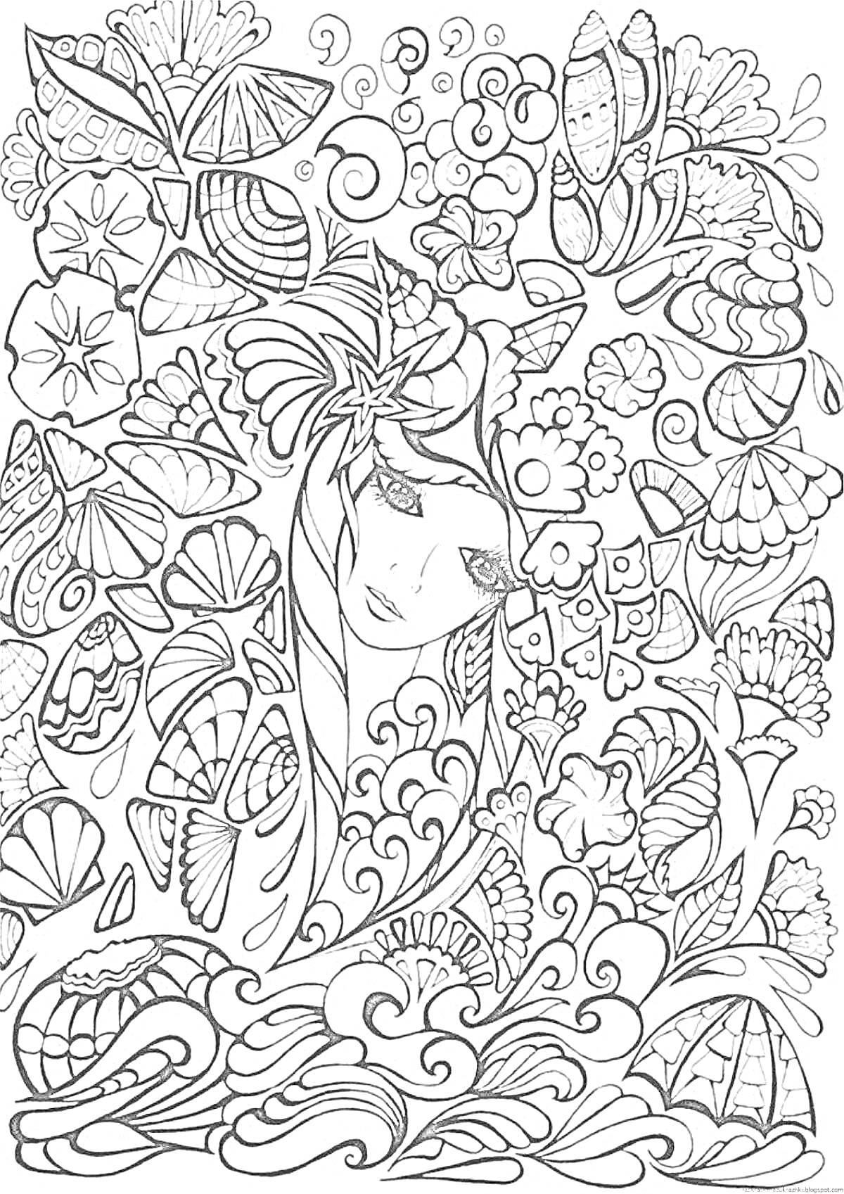 Раскраска Девушка в окружении морских раковин, бабочек и цветов