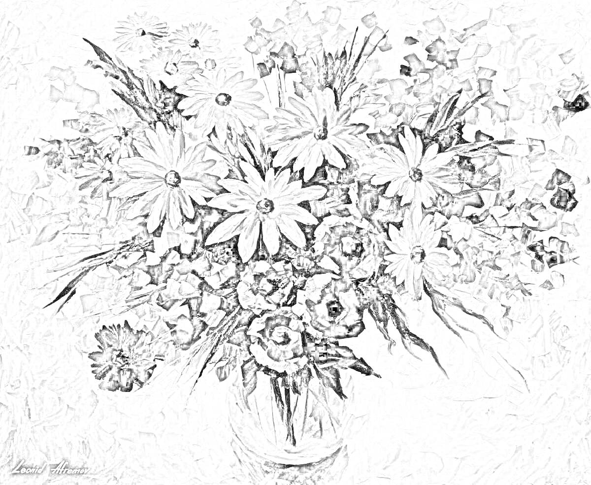 На раскраске изображено: Цветы, Ваза, Натюрморт