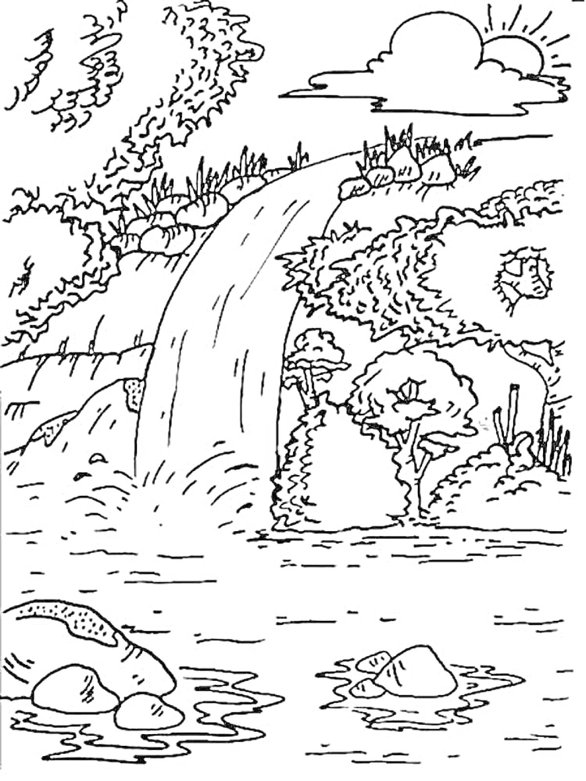 На раскраске изображено: Водопад, Лес, Деревья, Растительность, Природа, Камни, Река, Солнце, Облака