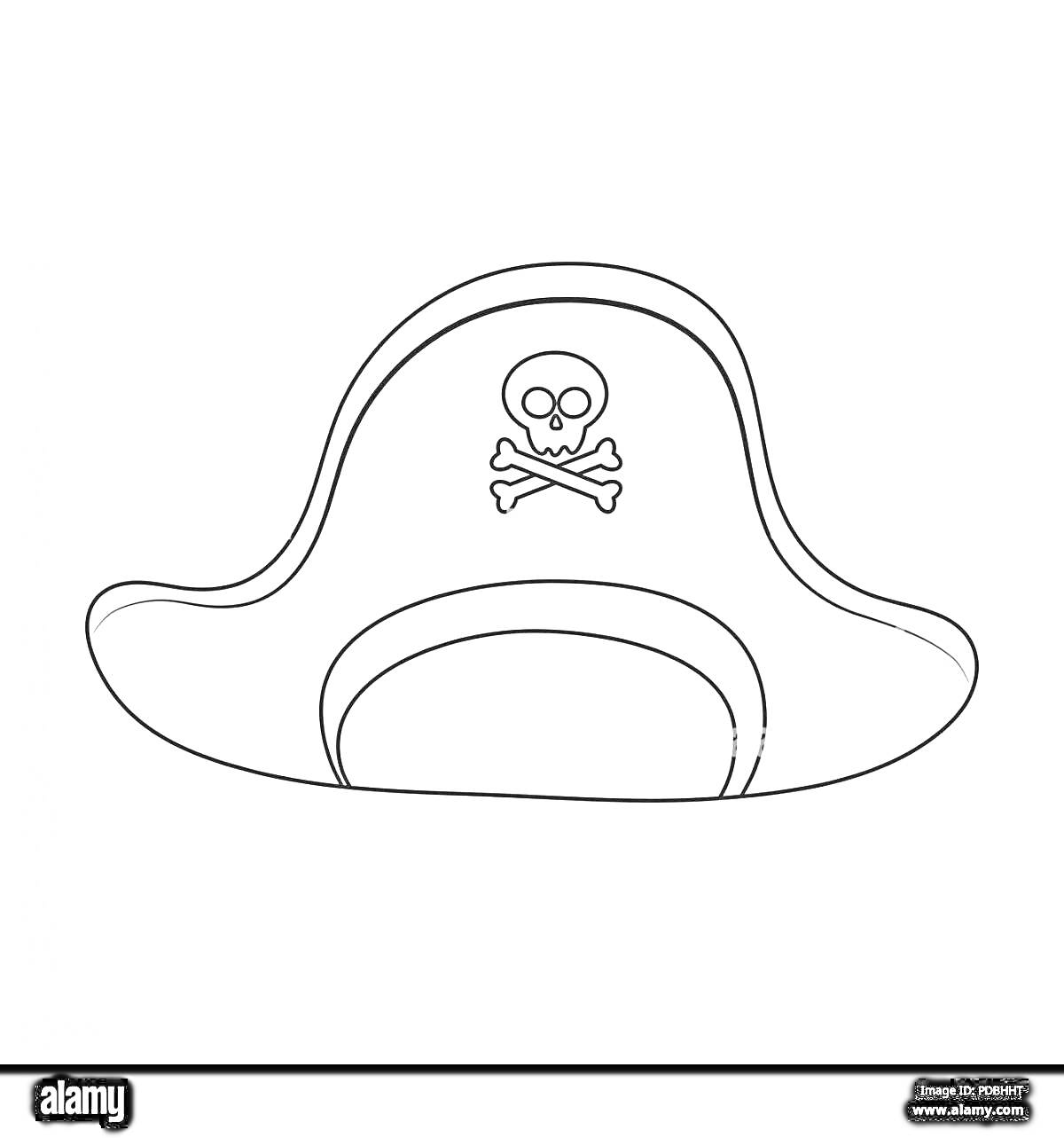 На раскраске изображено: Пиратская шляпа, Череп, Скрещенные кости