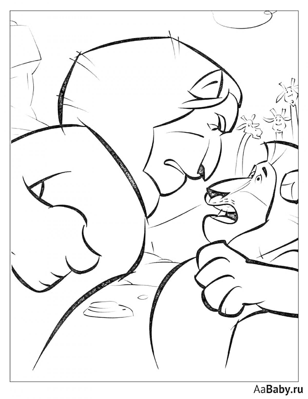 На раскраске изображено: Лев, Природа, Деревья, Цветы, Камни