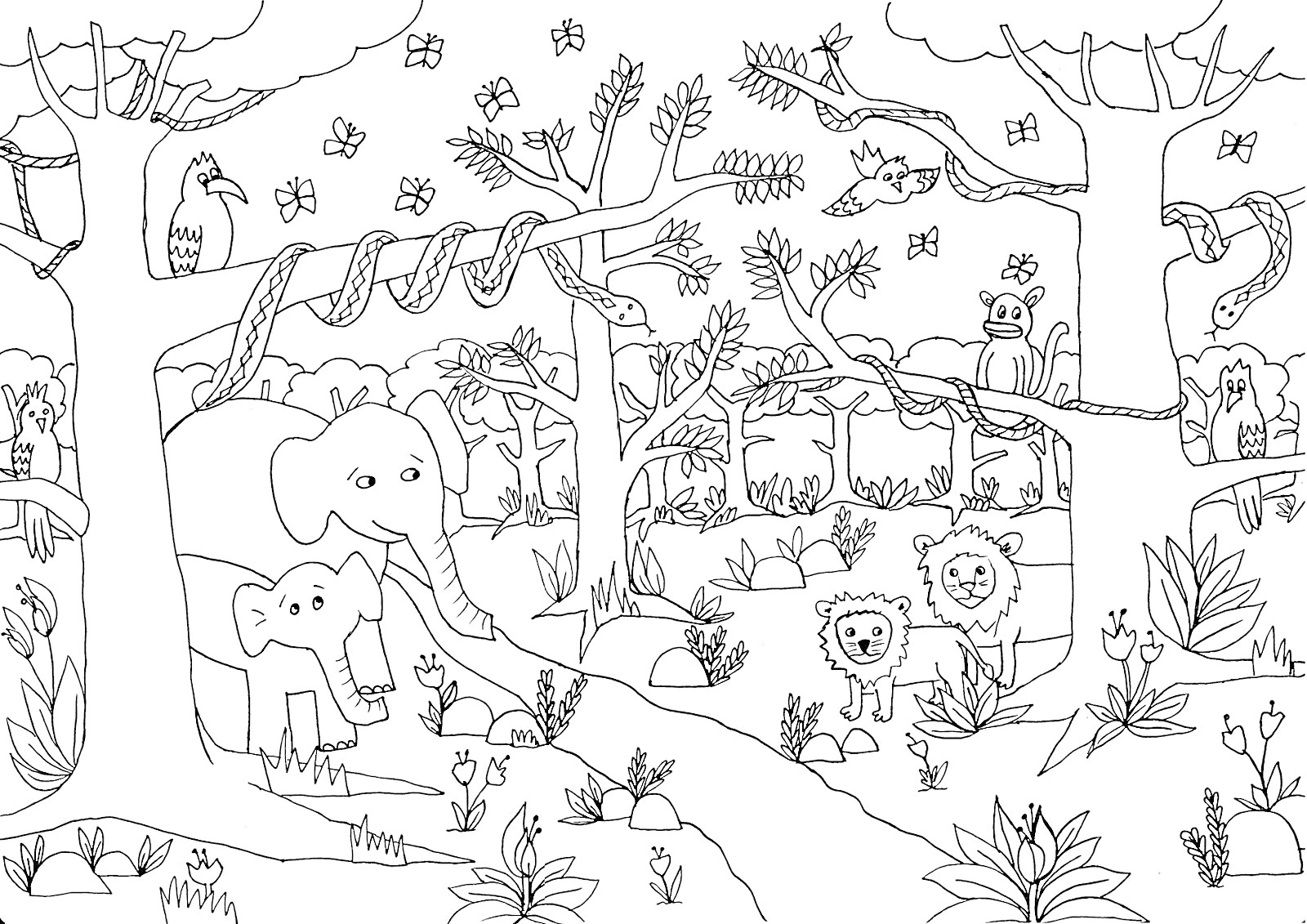 Раскраска Джунгли с животными. На изображении есть взрослый и детеныш слона, два льва, левенок, змея, попугай, обезьяна, бабочки, растения, деревья, кусты и лианы.