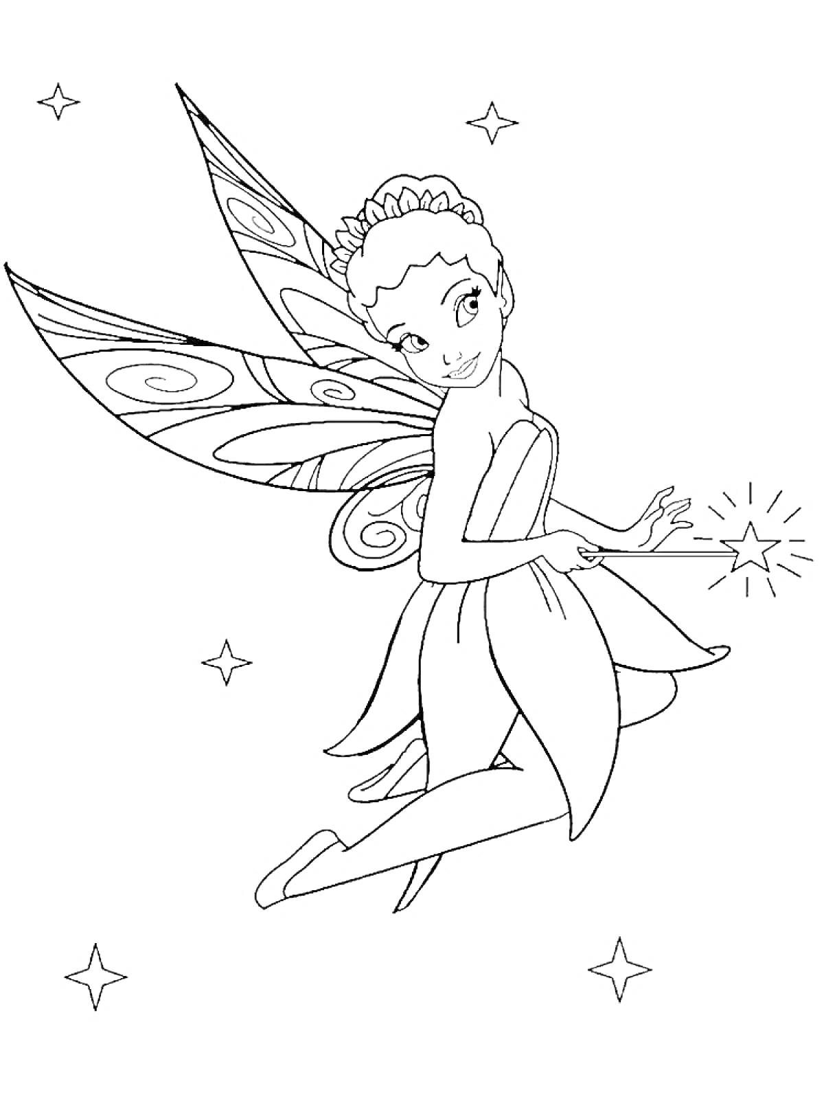 Раскраска Фея Динь-Динь с волшебной палочкой, звезды, завитки на крыльях