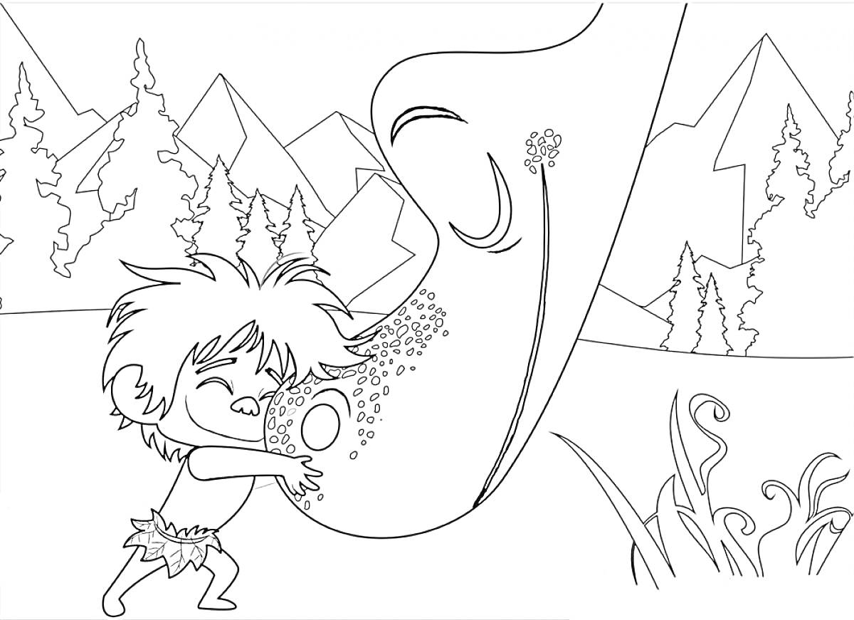 Раскраска Мальчик обнимает динозавра на фоне гор и деревьев