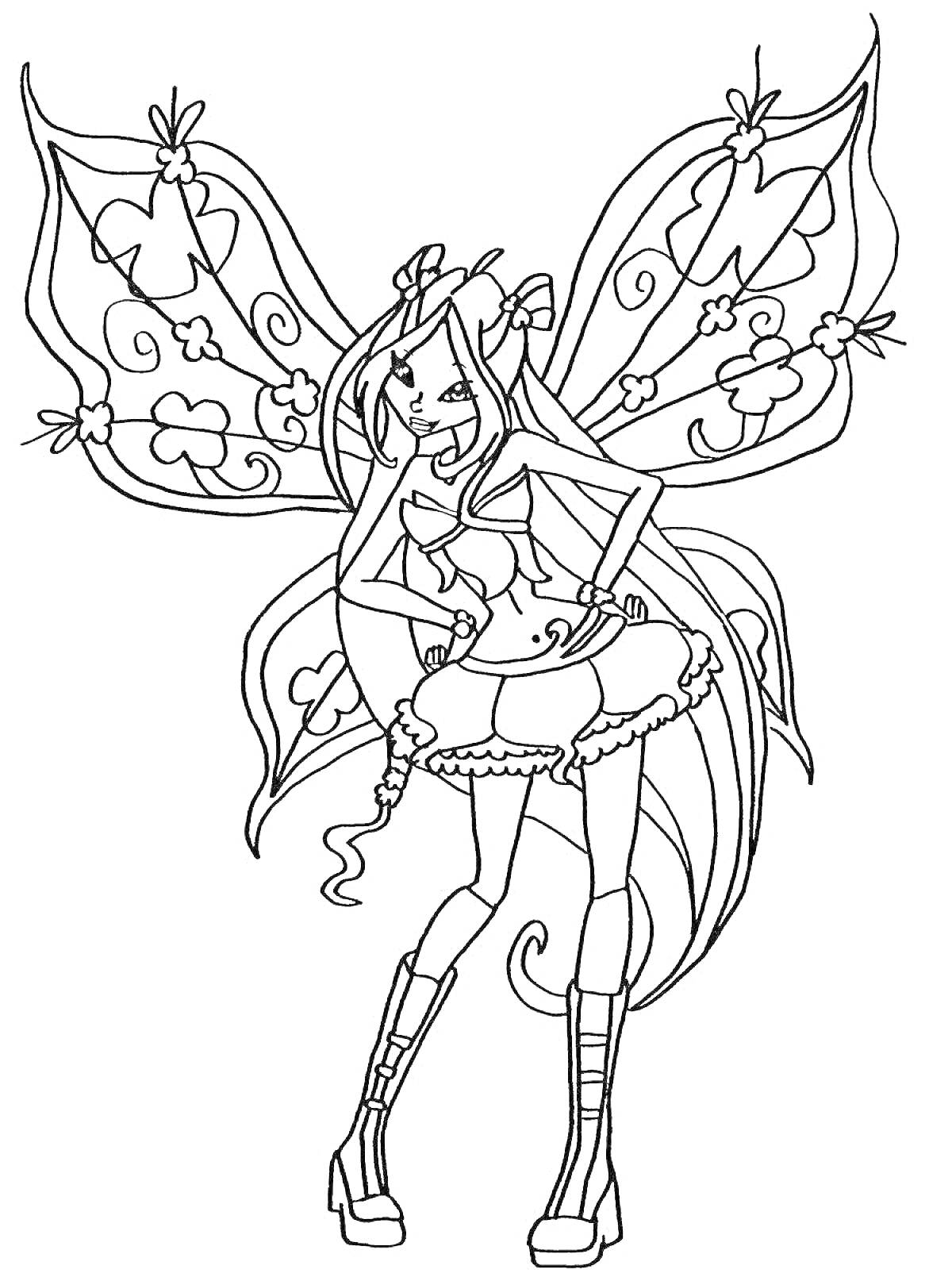 Раскраска Фея с крыльями и длинными волосами в платье и ботинках