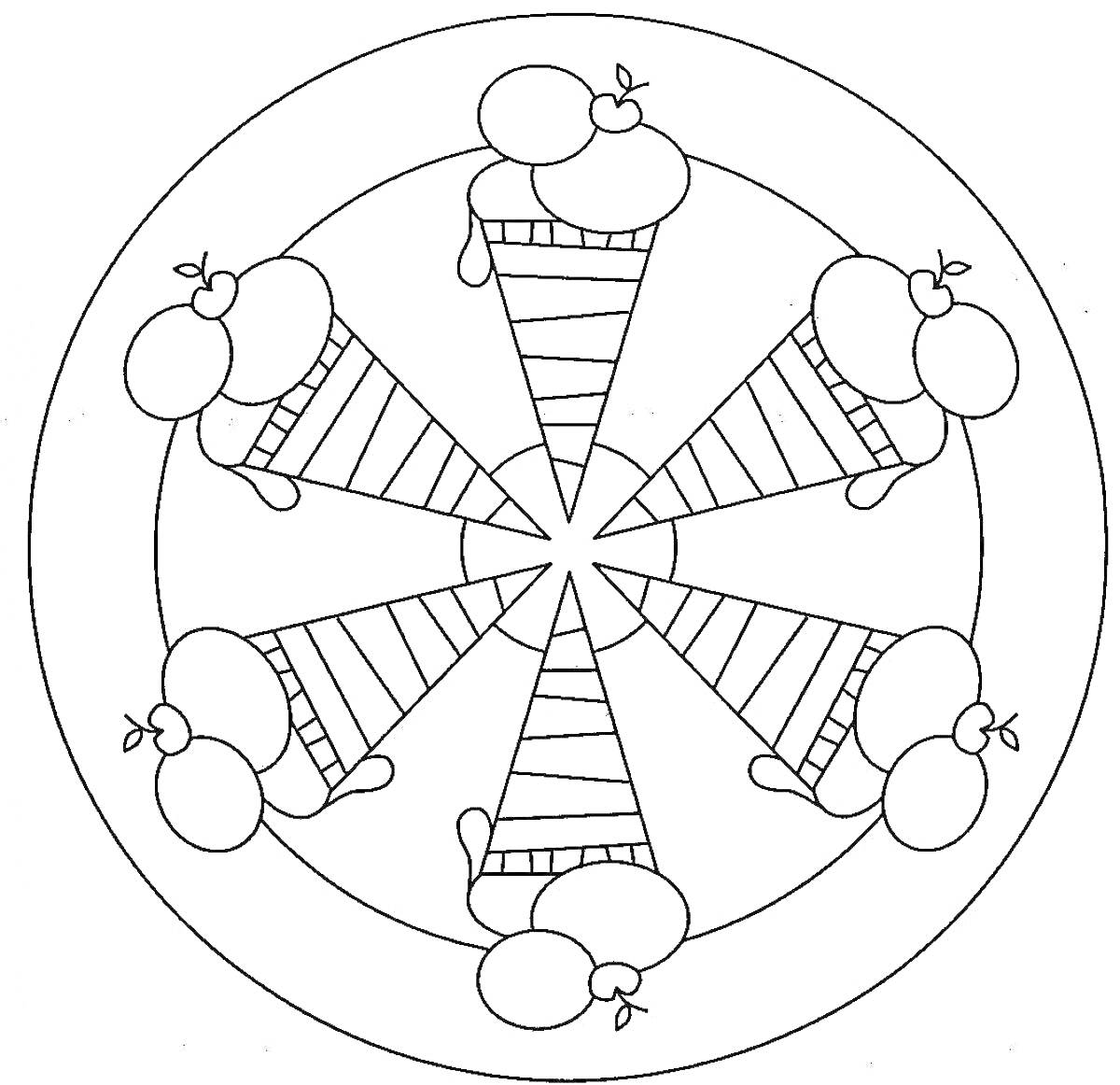Раскраска мандала с мороженым в вафельных рожках и яблоками