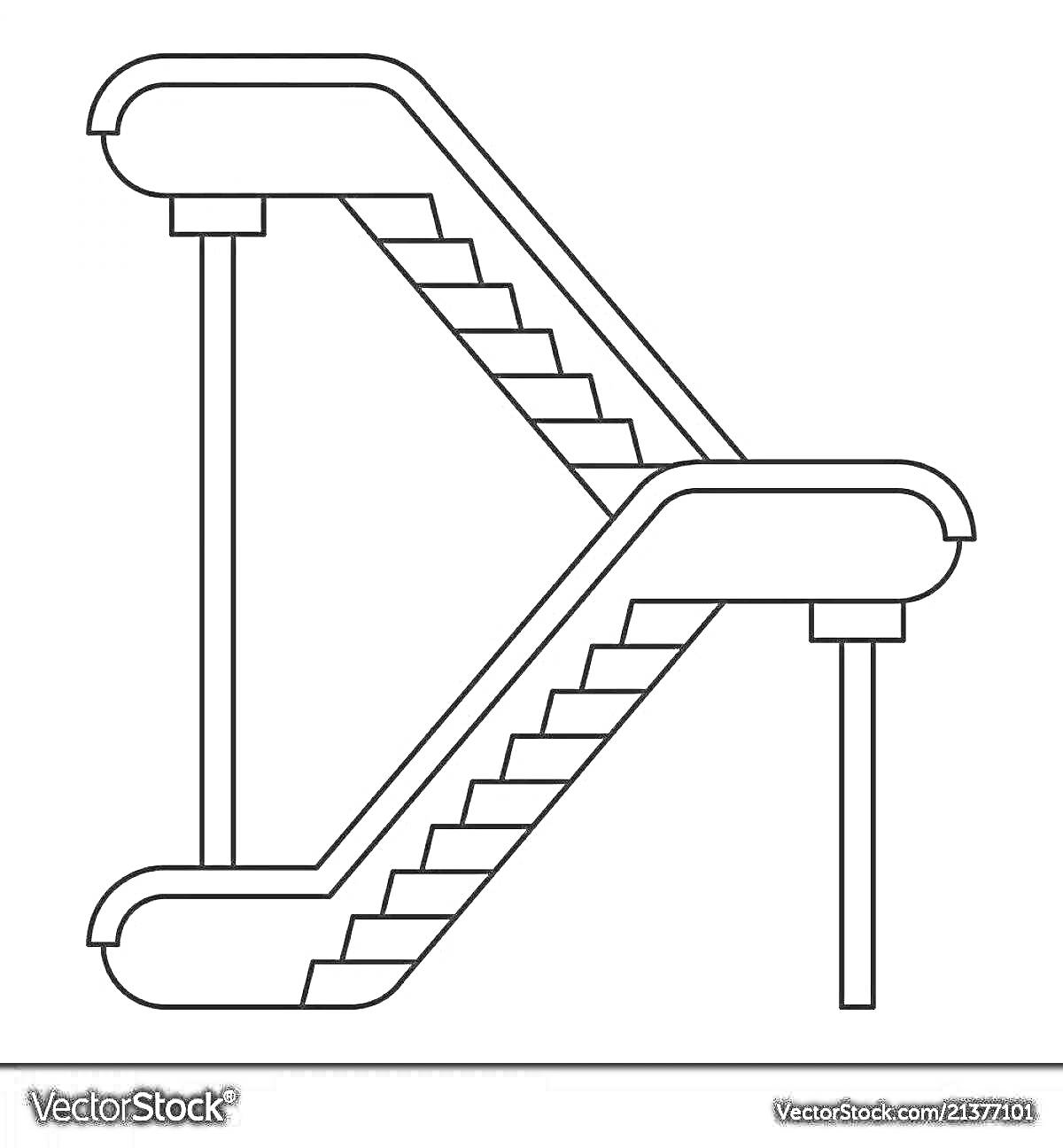 Раскраска эскалатор из двух секций с поручнями и ступенями