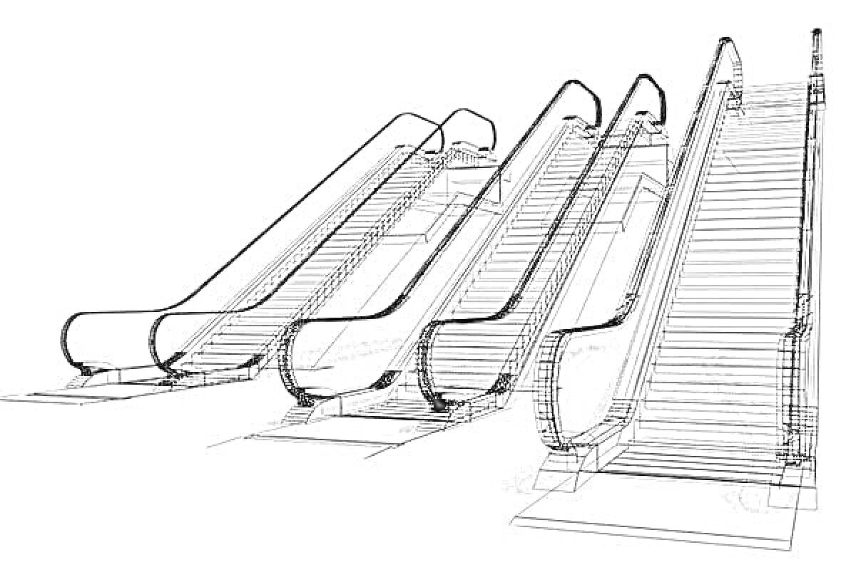 Раскраска эскалаторы со ступенями и перилами
