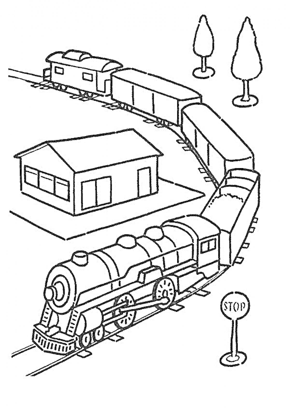 Раскраска Товарный поезд с тепловозом, вагонами, домом, деревьями и знаком 