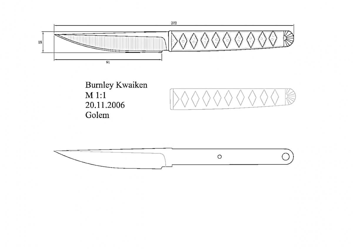 Раскраска Схема ножа Burnley Kwaiken с указанием лезвия и рукояти