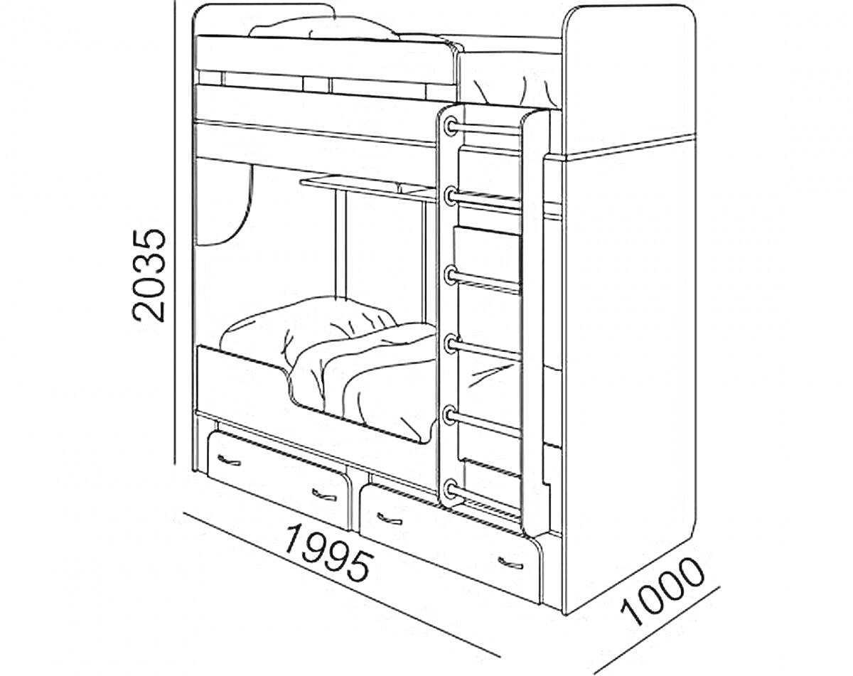 Раскраска Двухъярусная кровать с лестницей и ящиками под нижним ярусом (размеры: высота 2035 мм, длина 1995 мм, ширина 1000 мм)