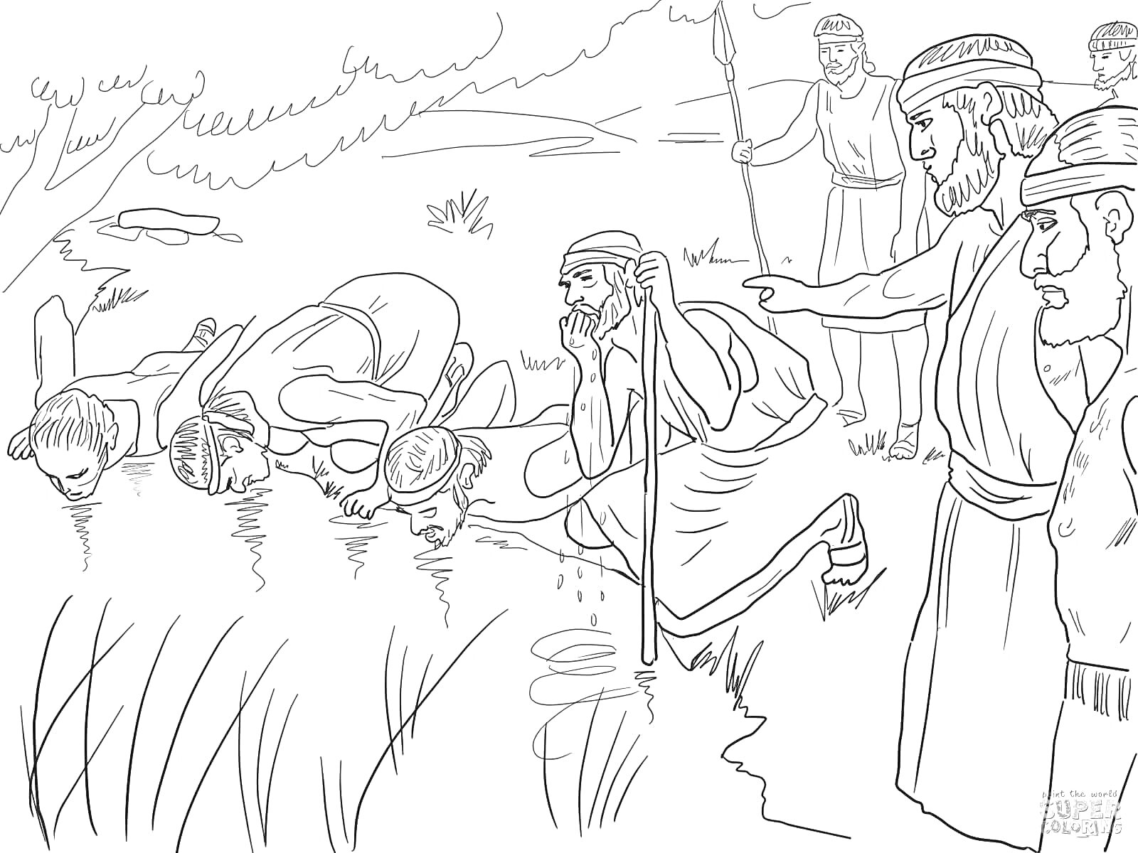 На раскраске изображено: Библия, Река, Вода, Древняя одежда, Деревья