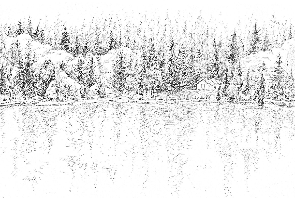 Раскраска Лесистый берег с домом у озера и скалами в Карелии