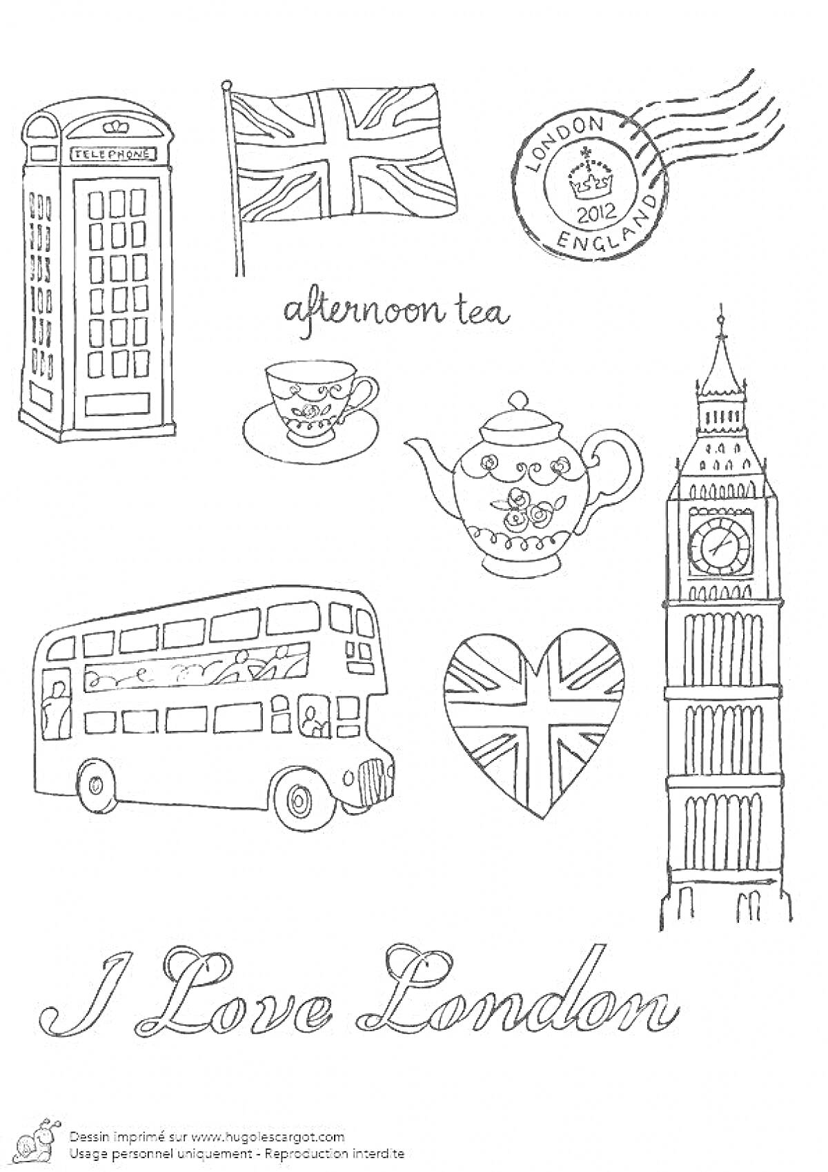 На раскраске изображено: Англия, Лондон, Автобус, Телефонная будка, Флаг, Чай, Часы, Марка, Сердца