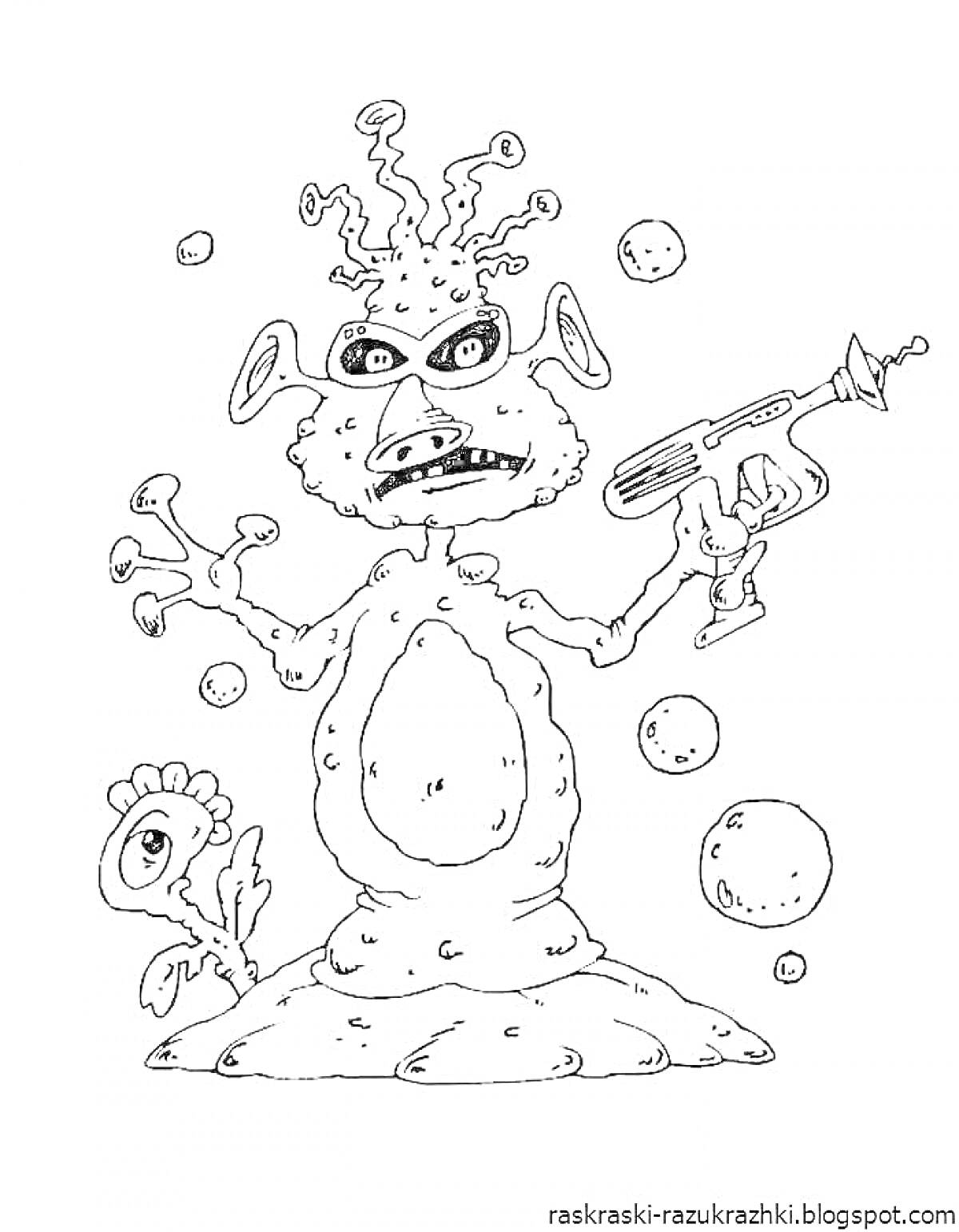 Раскраска Инопланетянин с пистолетом, маленький инопланетянин, планеты