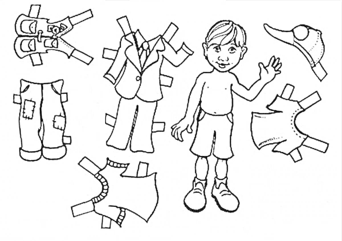 На раскраске изображено: Одежда, Человек, Мальчик, Костюм, Брюки, Ботинки, Футболка, Бейсболка, Вырезание