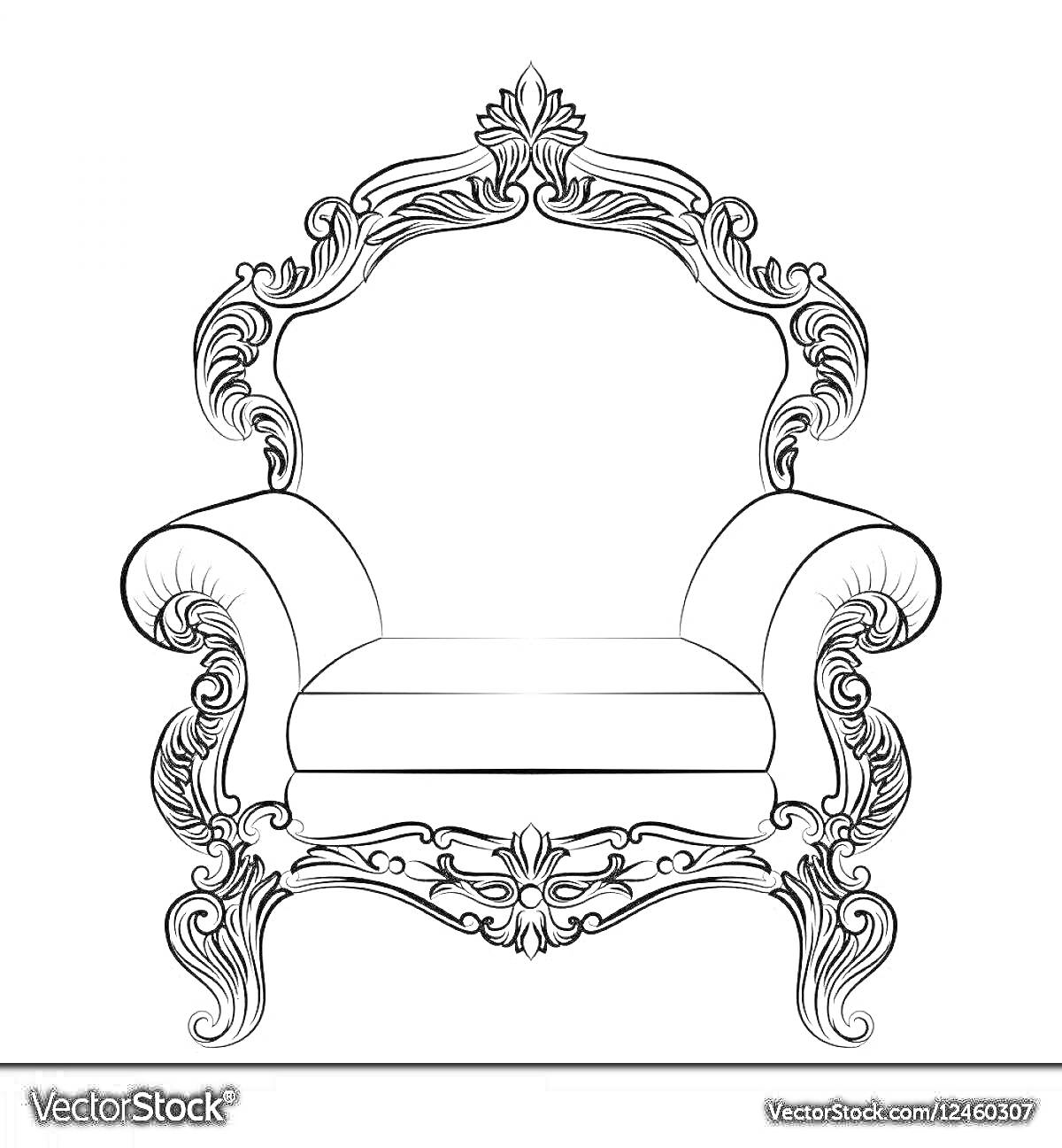 На раскраске изображено: Трон, Кресло, Декоративные элементы, Антиквариат, Мебель, Роскошь, Узоры, Викторианский стиль, Барокко