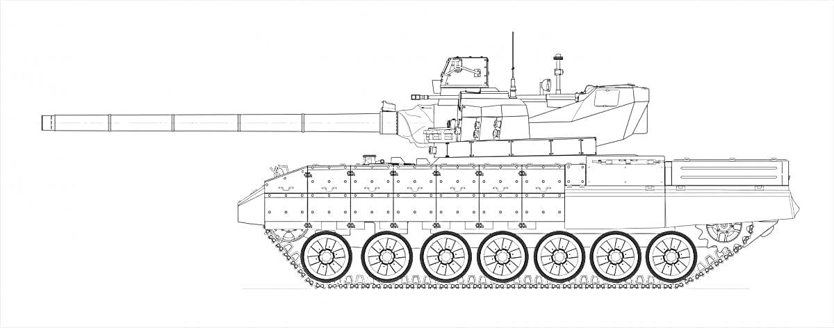 Раскраска Танковая раскраска с изображением боевой машины Армата со всеми деталями, включающими длинную пушку, башню, антенну, люки, колеса и гусеницы.